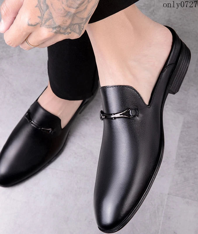Mens Leather Breathable Sandals Pointy Toe Slip On Metal Slipper Shoes Mules Hot