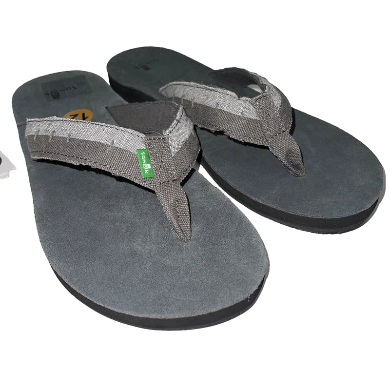 Sanuk Flip Flops Mens Gray Suede Leather Comfort Canvas Sandals Slippers Dr Fray