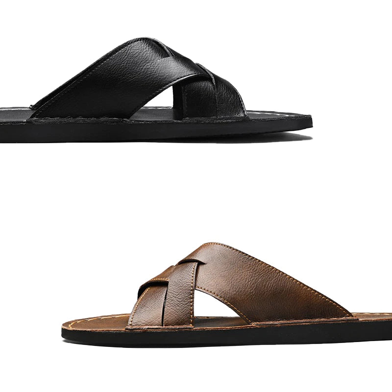 New Mens Casual Leather Sandals Close toe Beach Slippers Slides Outdoor Shoes