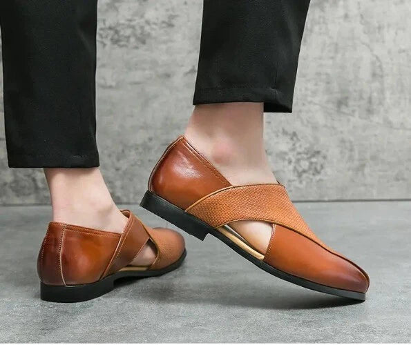 Mens Hollow Out Sandals Summer Breathable British Woven Leather Sandals Sz