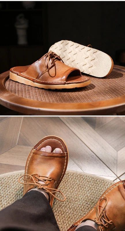 Retro Mens Handmade Real Leather Open Toe Sandal Slippers Shoes Beach Holiday sz
