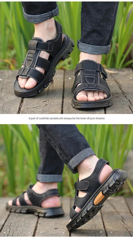 Summer men's Soft Leather Sandals Lightweight Outdoor Comfort Beach Casual Shoes