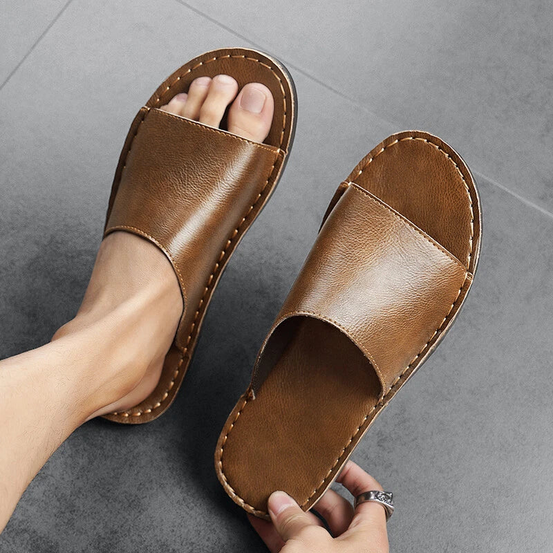 Men Casual Leather Sandals Refreshing Summer Beach Slippers Slides Outdoor Shoes