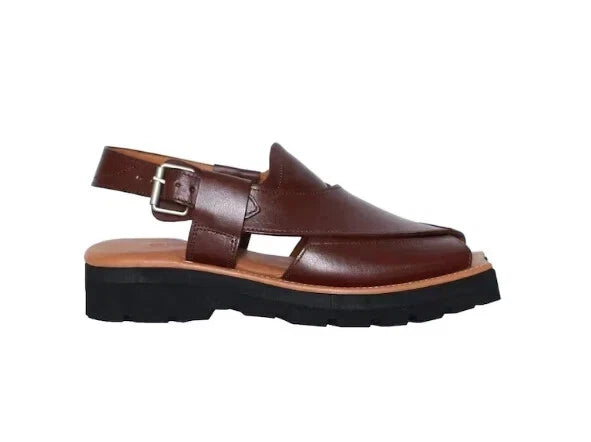 New Men's Handcrafted Cowhide Streaky Leather Dark Brown Color Peshawari Chappal