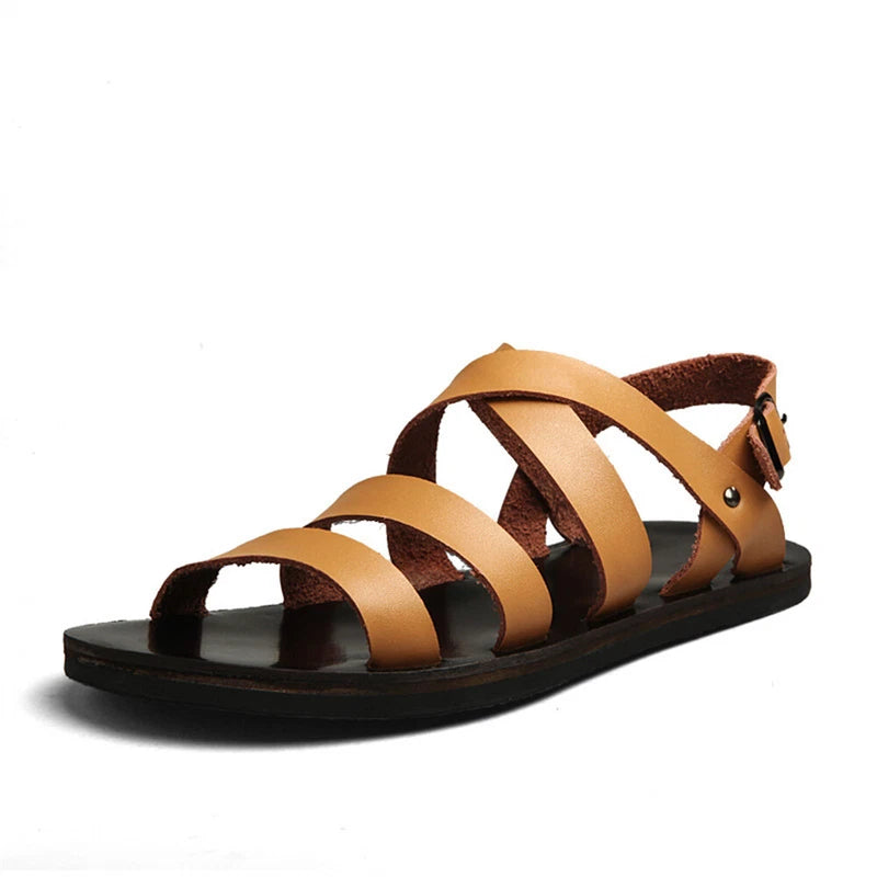 Men's Sandals Fashion Leather Slippers Non-slip Beach Shoes Toe Layer Cowhide