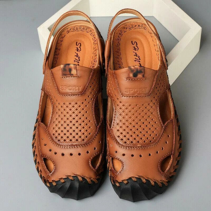 Summer Mens Casual Beach Sandals Casual Cut Out Slippers Leather Mules Outdoor