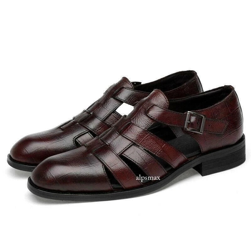 Mens Dress Formal Sandals Shoes Hollow Cut Out Buckle Leather Flats Roman Shoes