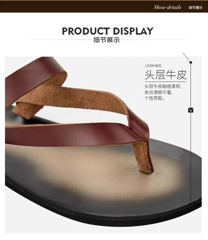 Men's Cowhide Slippers Casual Leather Flip Flops Breathable Slip on Beach Shoes