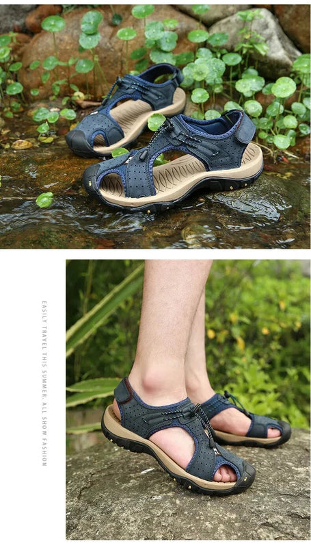 Summer Men's Leather Sandals Outdoor Beach Shoes Comfort Casual Lackk Up Slipper