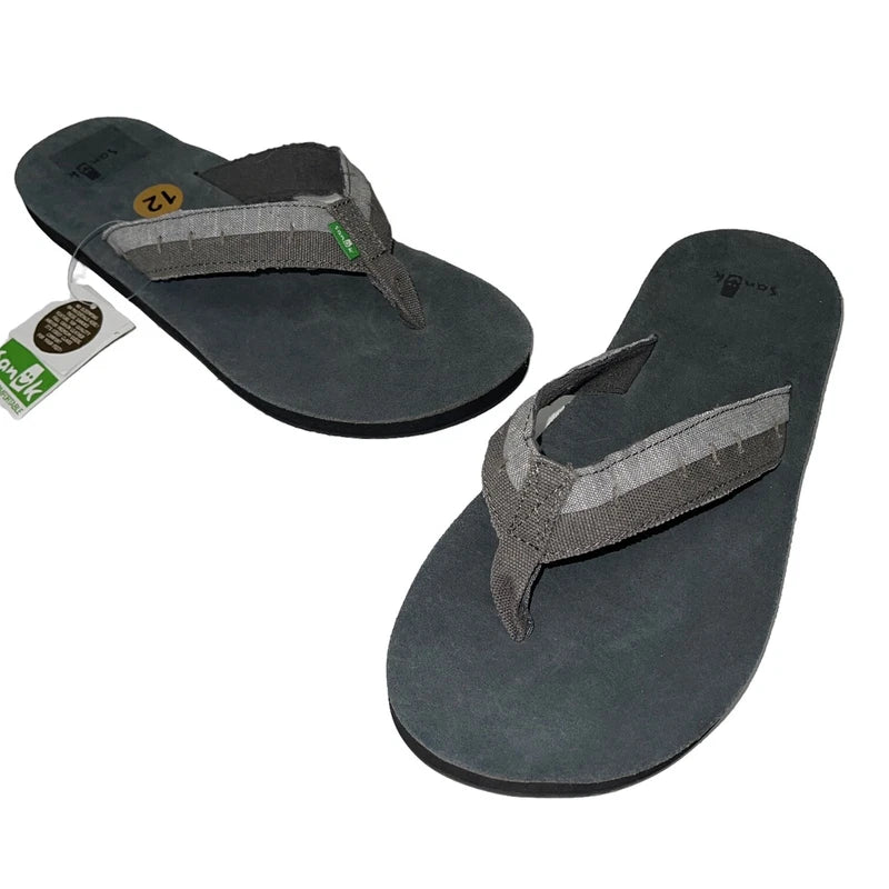 Sanuk Flip Flops Mens Gray Suede Leather Comfort Canvas Sandals Slippers Dr Fray