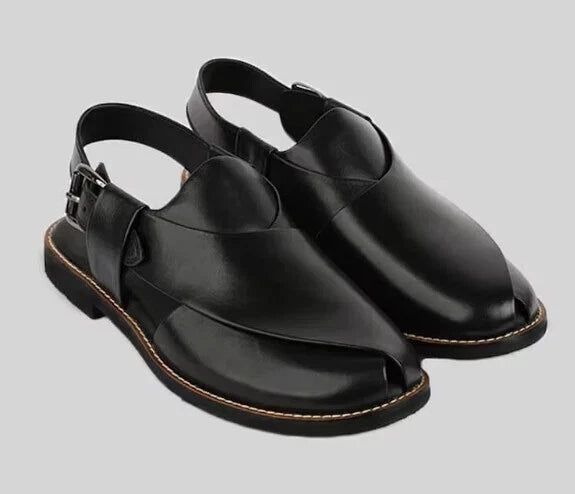 Handcrafted Men's Premium Quality Black Color Peshawari Chappal Leather Sandal