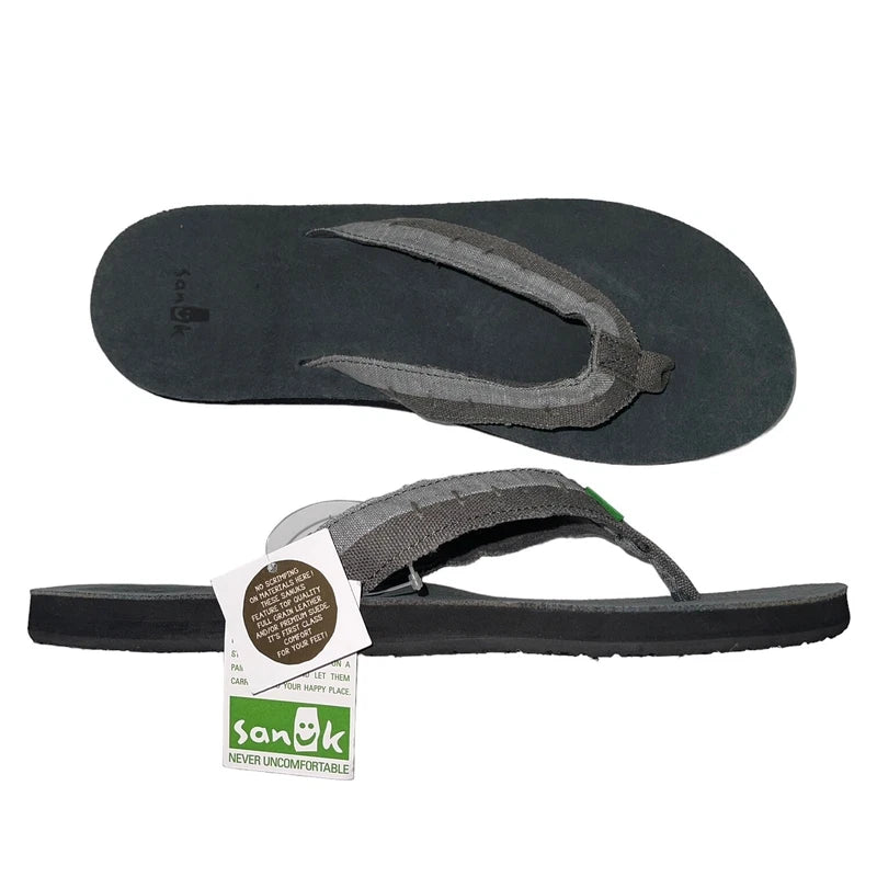Sanuk Flip Flops Mens Gray Suede Leather Comfort Canvas Sandals Slippers Dr Fray