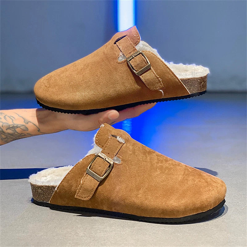 Men's Cork Clog Antislip Sole Warm Slippers Mules Sandals with Adjustable Buckle