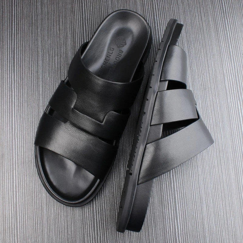 Summer Open Toe Real Leather Mens Sandals Slippers Flats Shoes Beach Roman Style