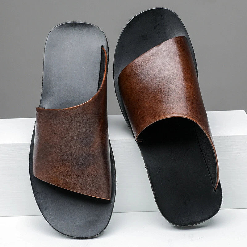 Men's Flat Faux Leather Open-toe Outdoor Beach Casual Slip on Slippers