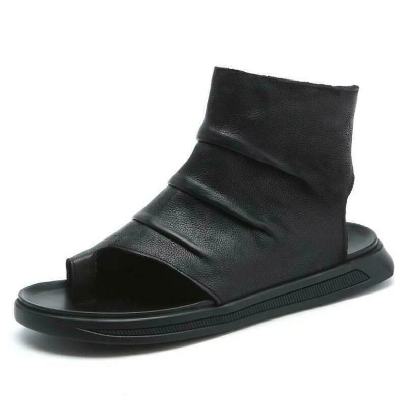 Men's Fashion Summer Roman Walking Leather Side Zip Flat Slippers Sandals Shoes