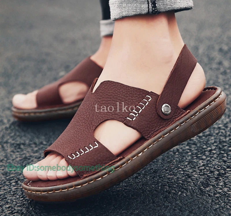 Open Toe Leather Slip on Slippers Sandals Flats Beach Holiday Men Shoes
