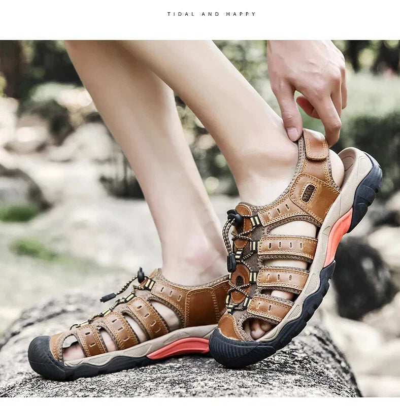 Men's Soft Leather Sandals Summer Lack Up Shoes Outdoor Comfort Beach Slippers