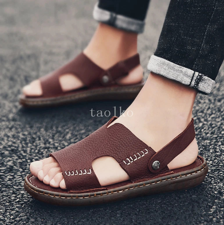Open Toe Leather Slip on Slippers Sandals Flats Beach Holiday Men Shoes