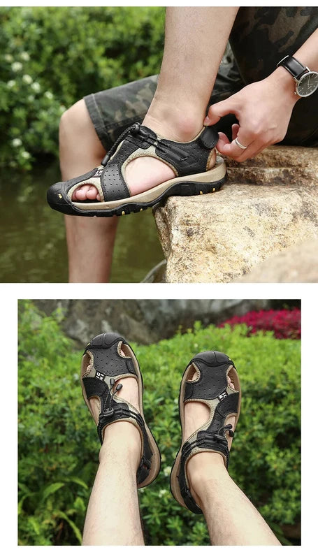 Summer Men's Leather Sandals Outdoor Beach Shoes Comfort Casual Lackk Up Slipper