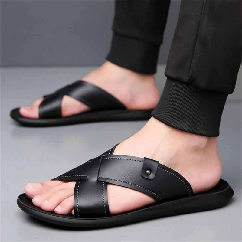 Men's Leather Slide Sandal Outdoor Sports Casual Slippers Beach Sandals for Men