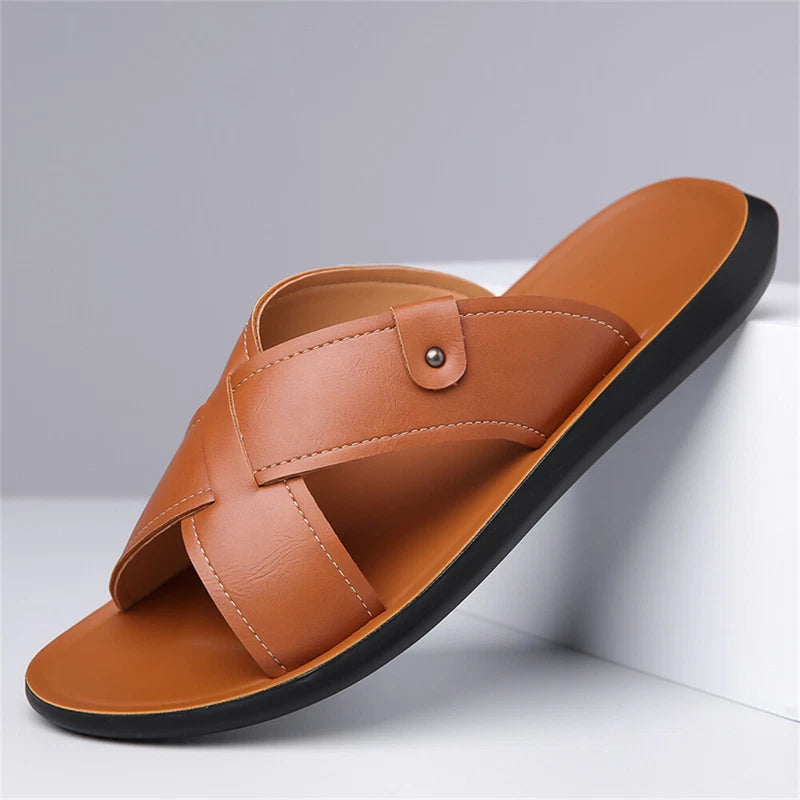 Men's Leather Slide Sandal Outdoor Sports Casual Slippers Beach Sandals for Men