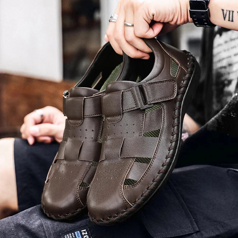 Men Leather Loafers Breathable Soft Sandals Handmade Non Slip Beach Slippers