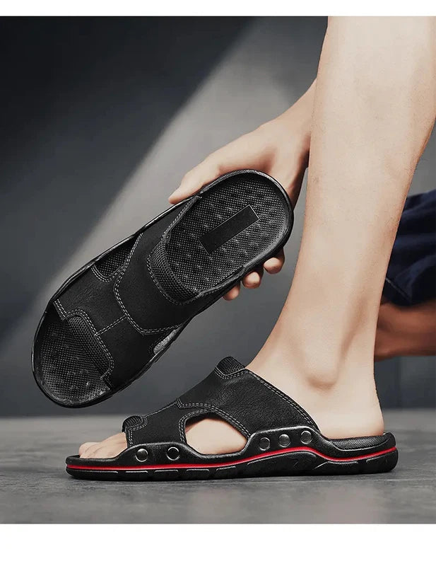 Mens Slippers Sandals Open Toe Fashion PU Leather Beach Holiday Summer Flats New