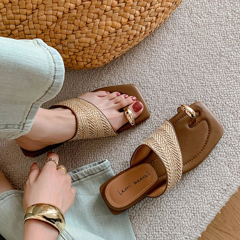 Womens Metal Buckle Slippers Summer Coarse Middle Heel Square Toe Beach Sandals