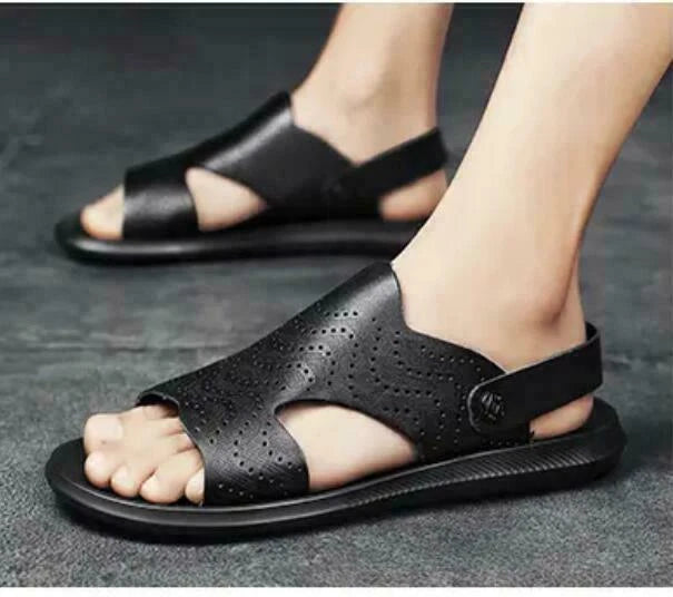Men Summer Sandals Slippers Open Toe Slingbacks Cut Out Beach Leather Breathable