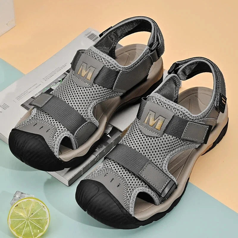 Fashion Casual Men Shoes Genuine Leather Mesh Beach Sandals Breathable Slippers