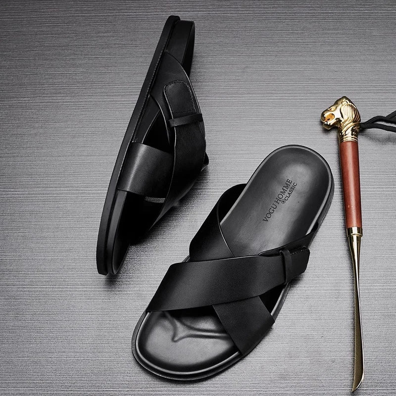 Roman Style Mens Open Toe Sandals Slippers Real Leather Flat Shoes Beach Outdoor