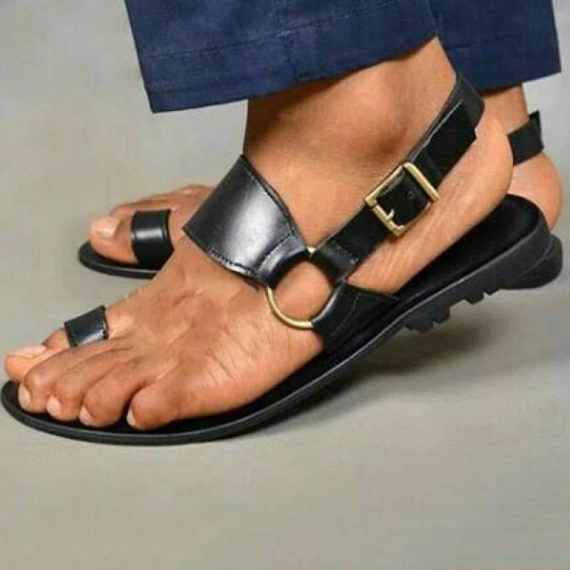 Smmer Men's Sandals Vintage Toe Ring PU Leather Male Flats Shoes Beach Slippers