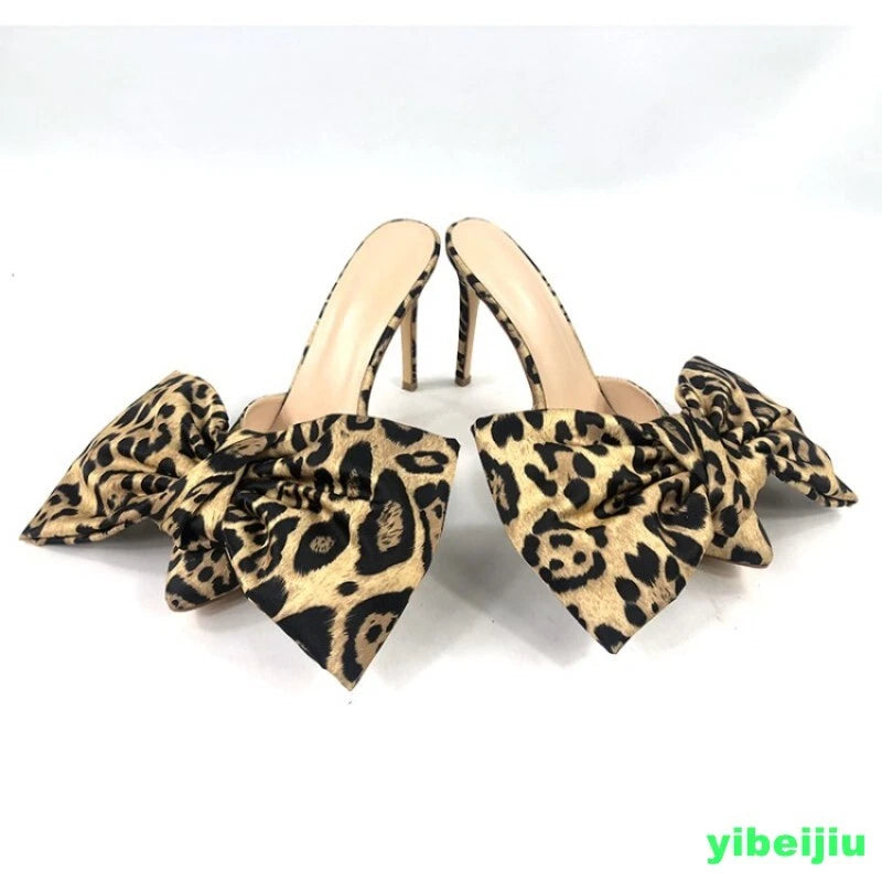 Fashion Womens Pointy Toe Big Bowknot Mules Slim High Heels Slippers Club Ladies