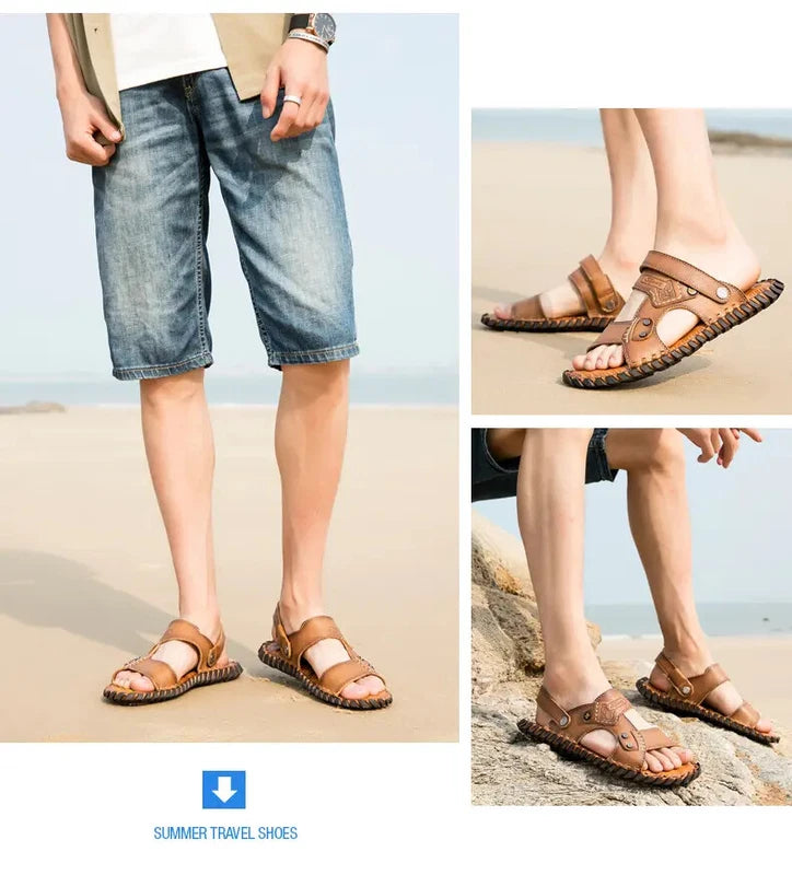 Open Toe Hollow Out Leather Mens Slippers Sandals Beach Holiday Summer Slingback