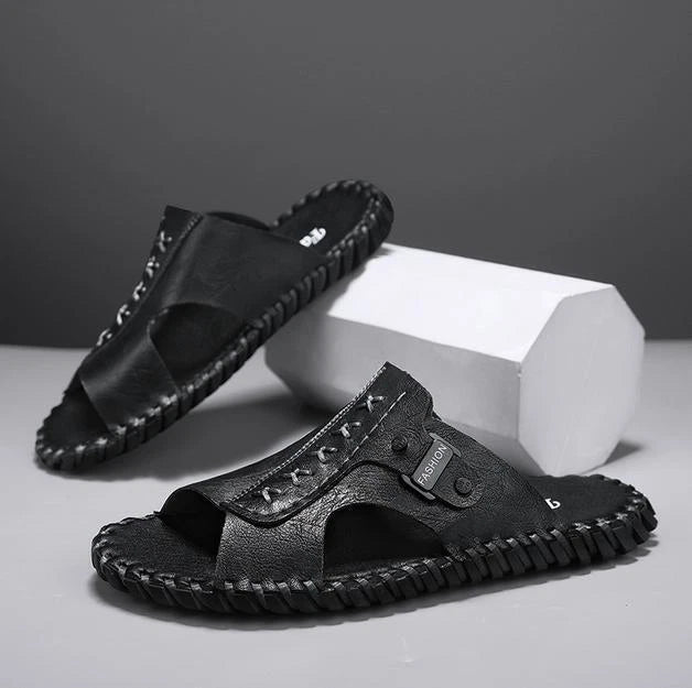 Chic Mens Open Toe Faux Leather Slippers Sandal Casual Beach Outdoor Flat Summer