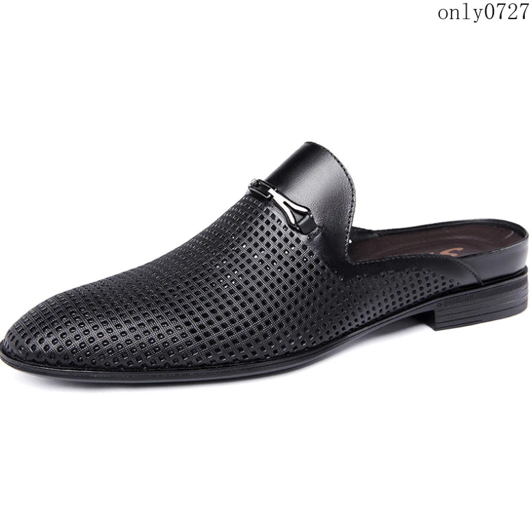 Mens Leather Breathable Sandals Pointy Toe Slip On Metal Slipper Shoes Mules Hot