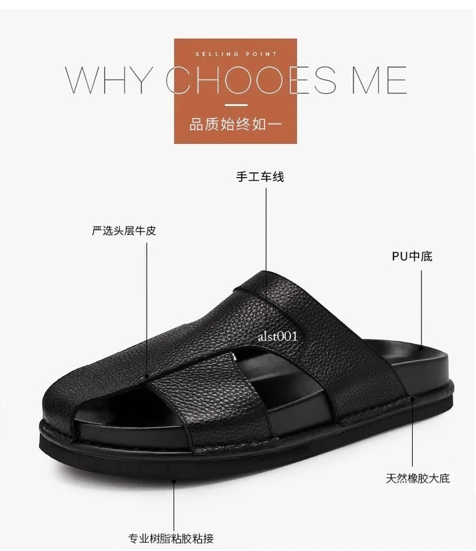 Mens Cowhide Slippers Outdoor Breathable Sandals Anti Slip Beach Casual Slippers
