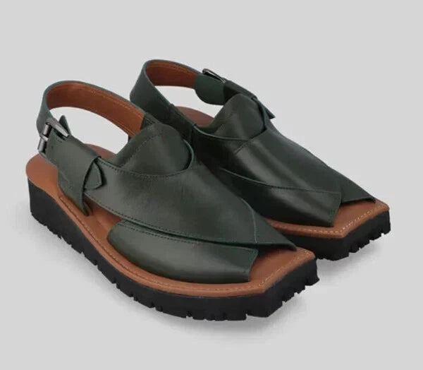 Handcrafted Men's Mustard Green Peshawari Chappal Pure Leather Men's Sandals Men