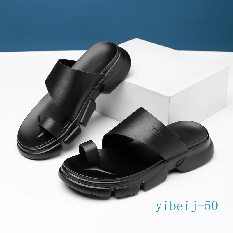 2025 Men's Sandals Shoes Slippers Leather Casual Flip Flops Platform Beach Shoes
