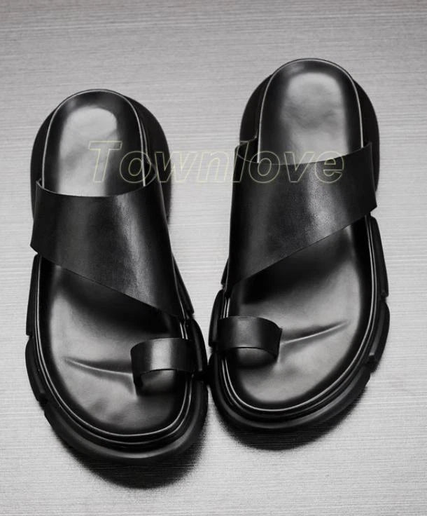 Men's Leather Sandals Shoes Slippers Casual Flip Flops Platform Beach Fashion