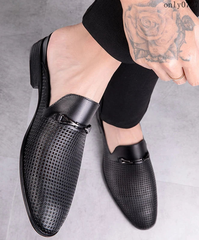 Mens Leather Breathable Sandals Pointy Toe Slip On Metal Slipper Shoes Mules Hot