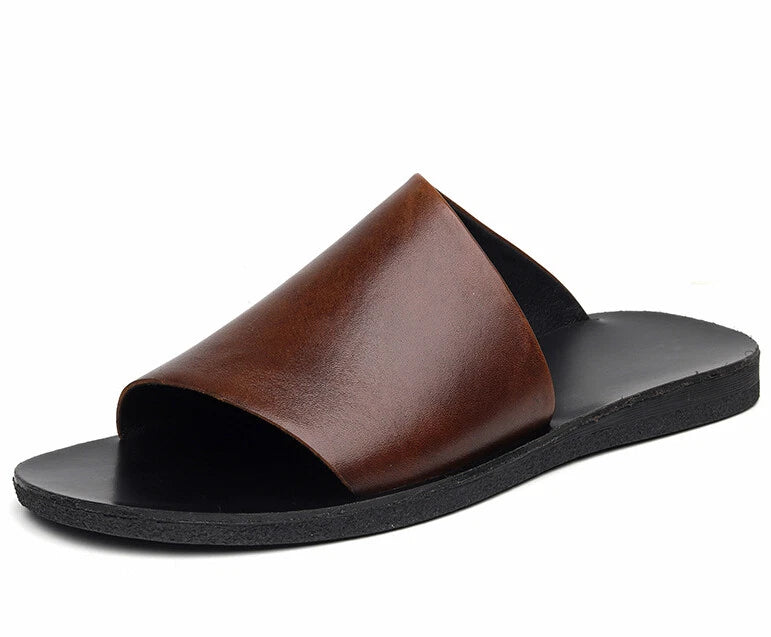 Men's Flat Faux Leather Open-toe Outdoor Beach Casual Slip on Slippers
