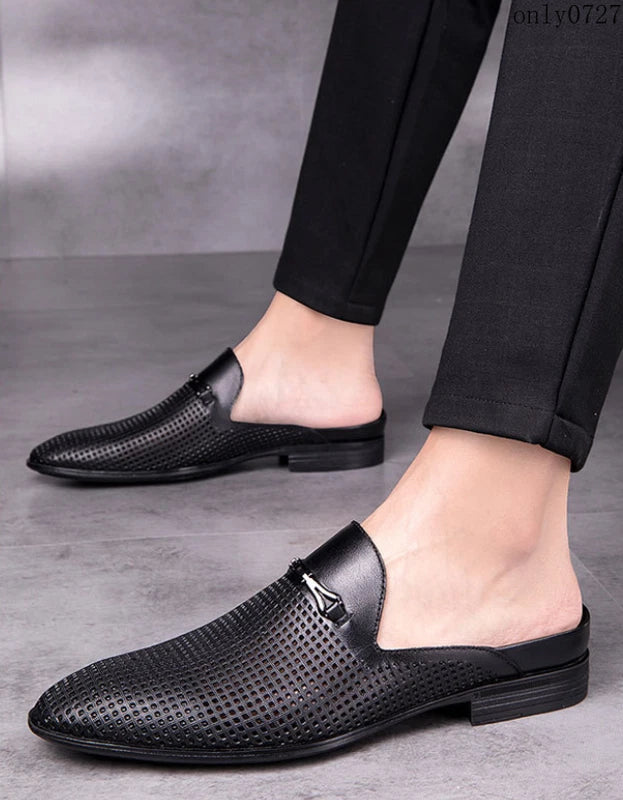 Mens Leather Breathable Sandals Pointy Toe Slip On Metal Slipper Shoes Mules Hot