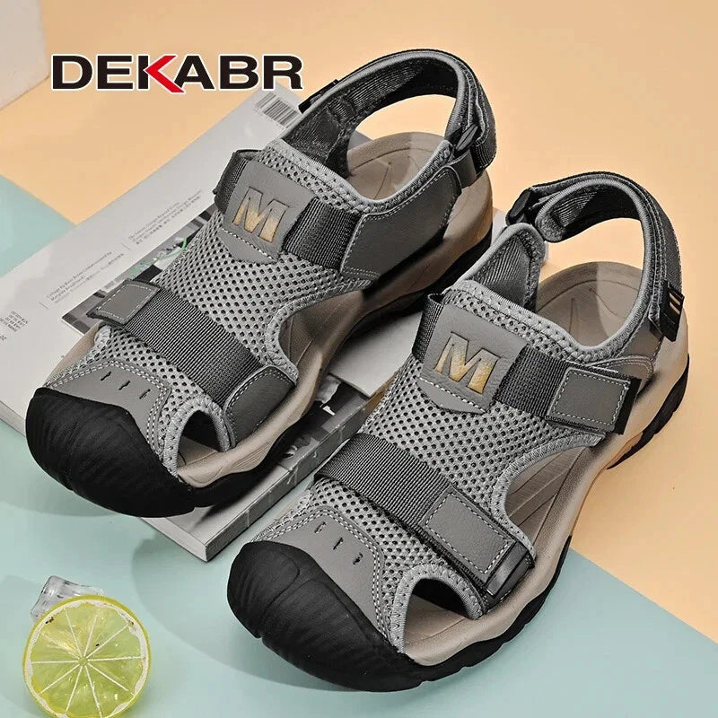 Fashion Casual Men Shoes Genuine Leather Mesh Beach Sandals Breathable Slippers