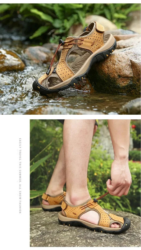 Summer Men's Leather Sandals Outdoor Beach Shoes Comfort Casual Lackk Up Slipper