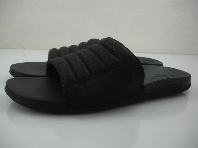 Men's sz 13 M OluKai Maha 'Olu Slides Sandals Black Slip-On Slipper Gym Shower