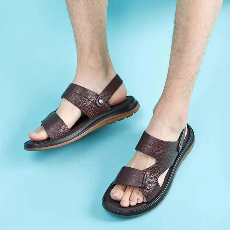 Open Toe Summer Slipper Sandals Beach Real Leather Mens Shoes Roman Style Casual