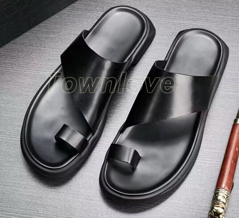 Chic Mens Leather Summer Slides Clip Ring Toe Beach Thong Casual Sandals Slipper