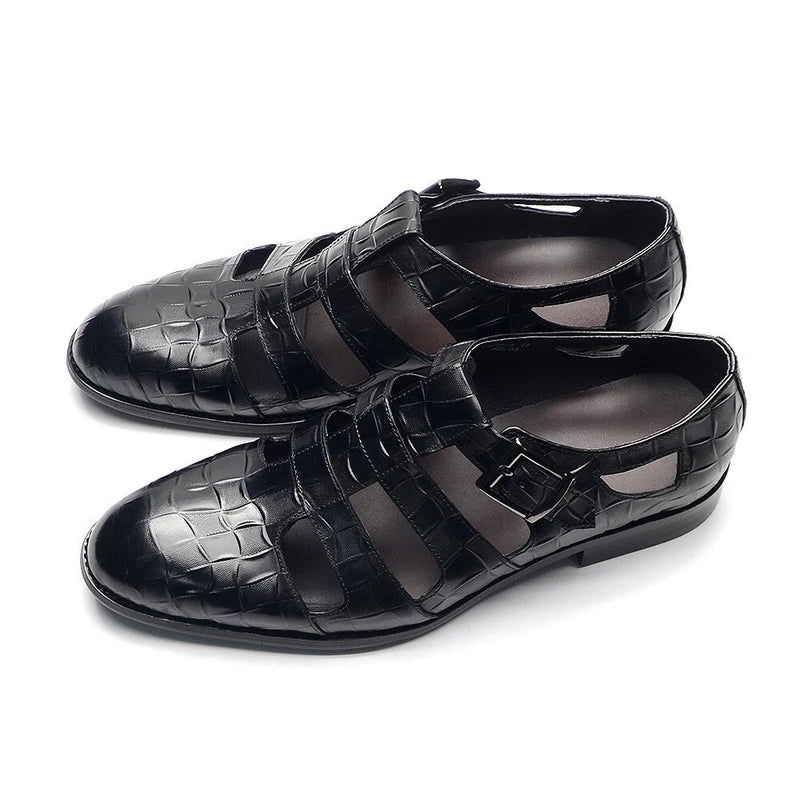 Mens Summer Embossed Leather Sandals Outdoor Casual Hollow Out Breathable Shoes
